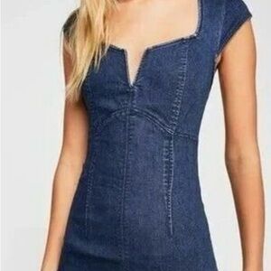 Free People Denim Mini Dress  sweetheart neckline Atlas Blue NWOT
